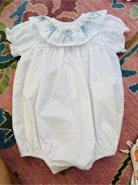 The Proper Peony White Smocked Baby Bubble Romper with Blue Floral Embroidery 3T